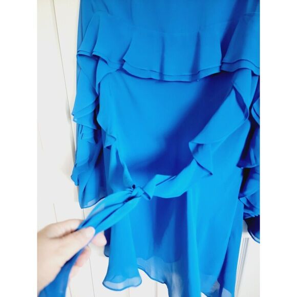 Chico's 3 Black Label Tunic Top XL Royal Blue Asymmetrical Romantic Sheer Ruffle - Picture 4 of 6